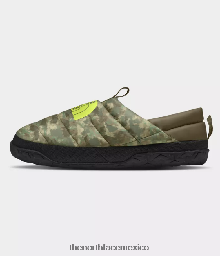 The North Face calzado NFHLJL558 Estampado de camuflaje con punteado oliva militar/amarillo LED hombres mulas nuptse