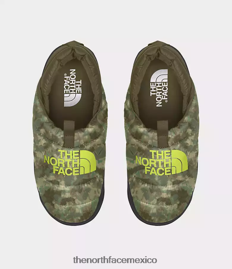 The North Face calzado NFHLJL558 Estampado de camuflaje con punteado oliva militar/amarillo LED hombres mulas nuptse